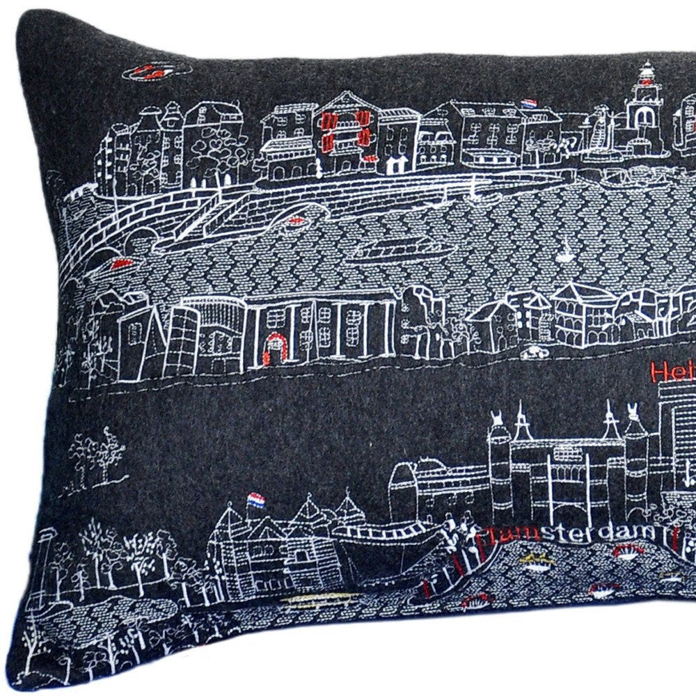 14" X 35" Dark Gray And White Amsterdam Nighttime Skyline Lumbar Decorative Pillow