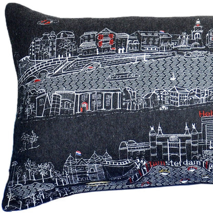 14" X 35" Dark Gray And White Amsterdam Nighttime Skyline Lumbar Decorative Pillow
