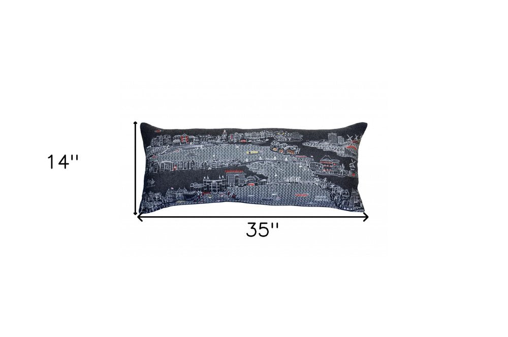 14" X 35" Dark Gray And White Amsterdam Nighttime Skyline Lumbar Decorative Pillow