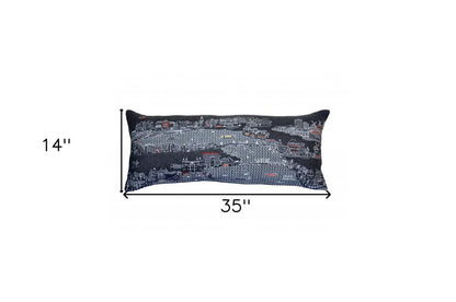 14" X 35" Dark Gray And White Amsterdam Nighttime Skyline Lumbar Decorative Pillow