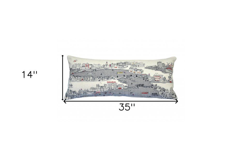 14" X 35" Cream Amsterdam Daylight Skyline Lumbar Decorative Pillow