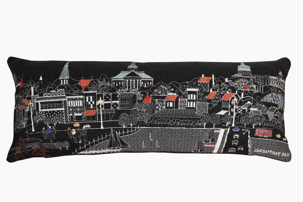 14" X 35" Dark Gray And White Annapolis Nighttime Skyline Lumbar Decorative Pillow