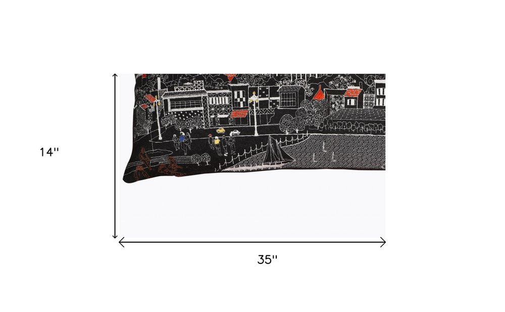 14" X 35" Dark Gray And White Annapolis Nighttime Skyline Lumbar Decorative Pillow