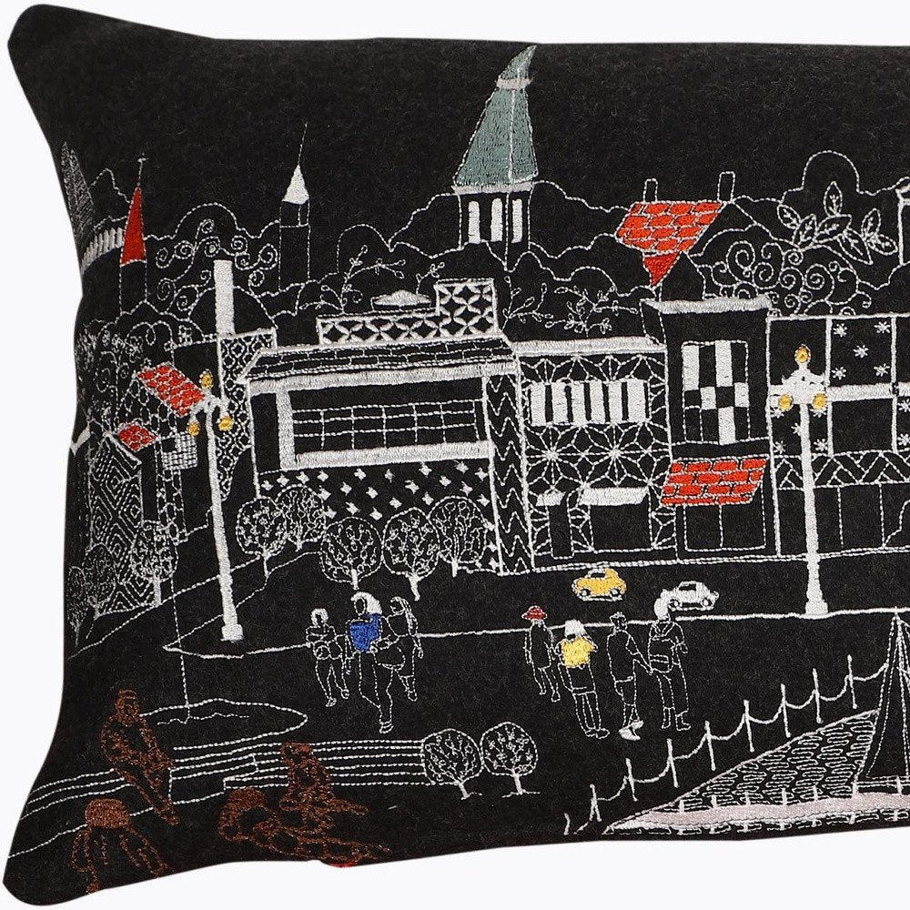 14" X 35" Dark Gray And White Annapolis Nighttime Skyline Lumbar Decorative Pillow