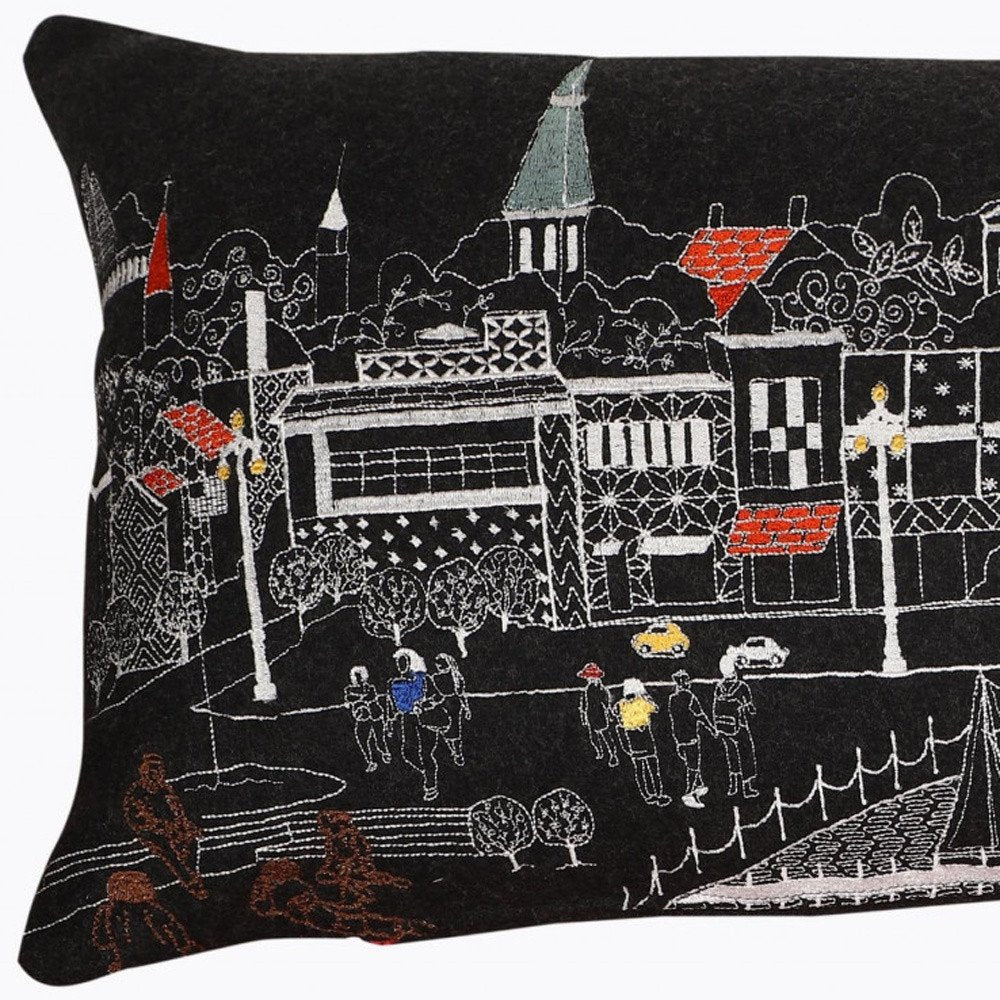 14" X 35" Dark Gray And White Annapolis Nighttime Skyline Lumbar Decorative Pillow