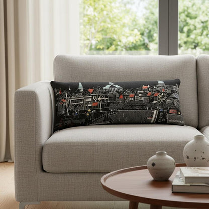 14" X 35" Dark Gray And White Annapolis Nighttime Skyline Lumbar Decorative Pillow