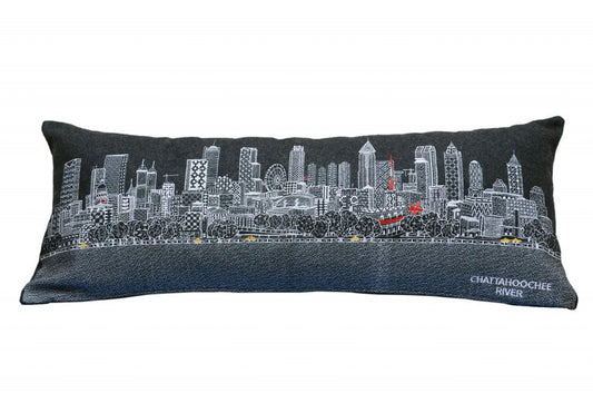 14" X 35" Dark Gray And White Atlanta Nighttime Skyline Lumbar Decorative Pillow
