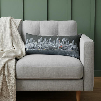 14" X 35" Dark Gray And White Atlanta Nighttime Skyline Lumbar Decorative Pillow