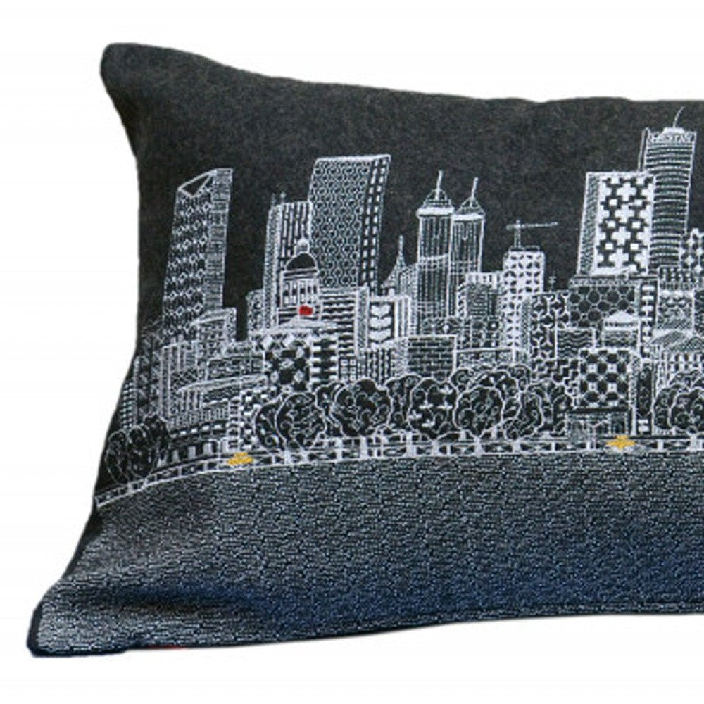 14" X 35" Dark Gray And White Atlanta Nighttime Skyline Lumbar Decorative Pillow