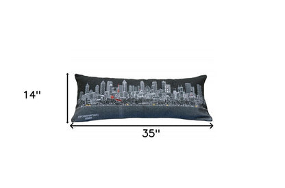 14" X 35" Dark Gray And White Atlanta Nighttime Skyline Lumbar Decorative Pillow