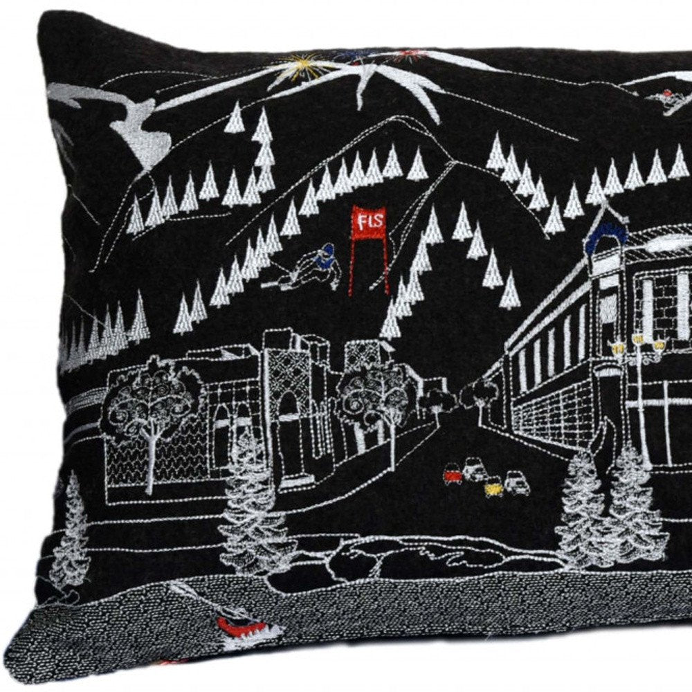 14" X 35" Dark Gray And White Aspen Nighttime Skyline Lumbar Wool Throw Pillow