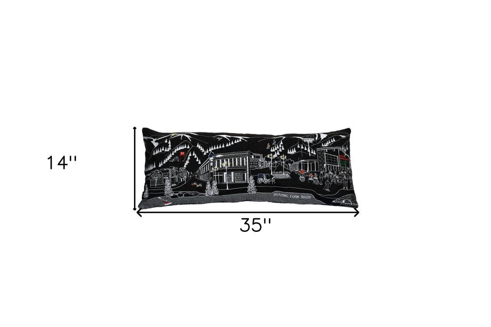 14" X 35" Dark Gray And White Aspen Nighttime Skyline Lumbar Wool Throw Pillow
