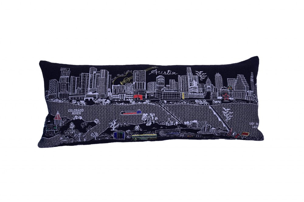 14" X 35" Dark Gray And White Austin Nighttime Skyline Lumbar Decorative Pillow