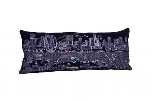 14" X 35" Dark Gray And White Austin Nighttime Skyline Lumbar Decorative Pillow