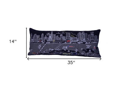14" X 35" Dark Gray And White Austin Nighttime Skyline Lumbar Decorative Pillow