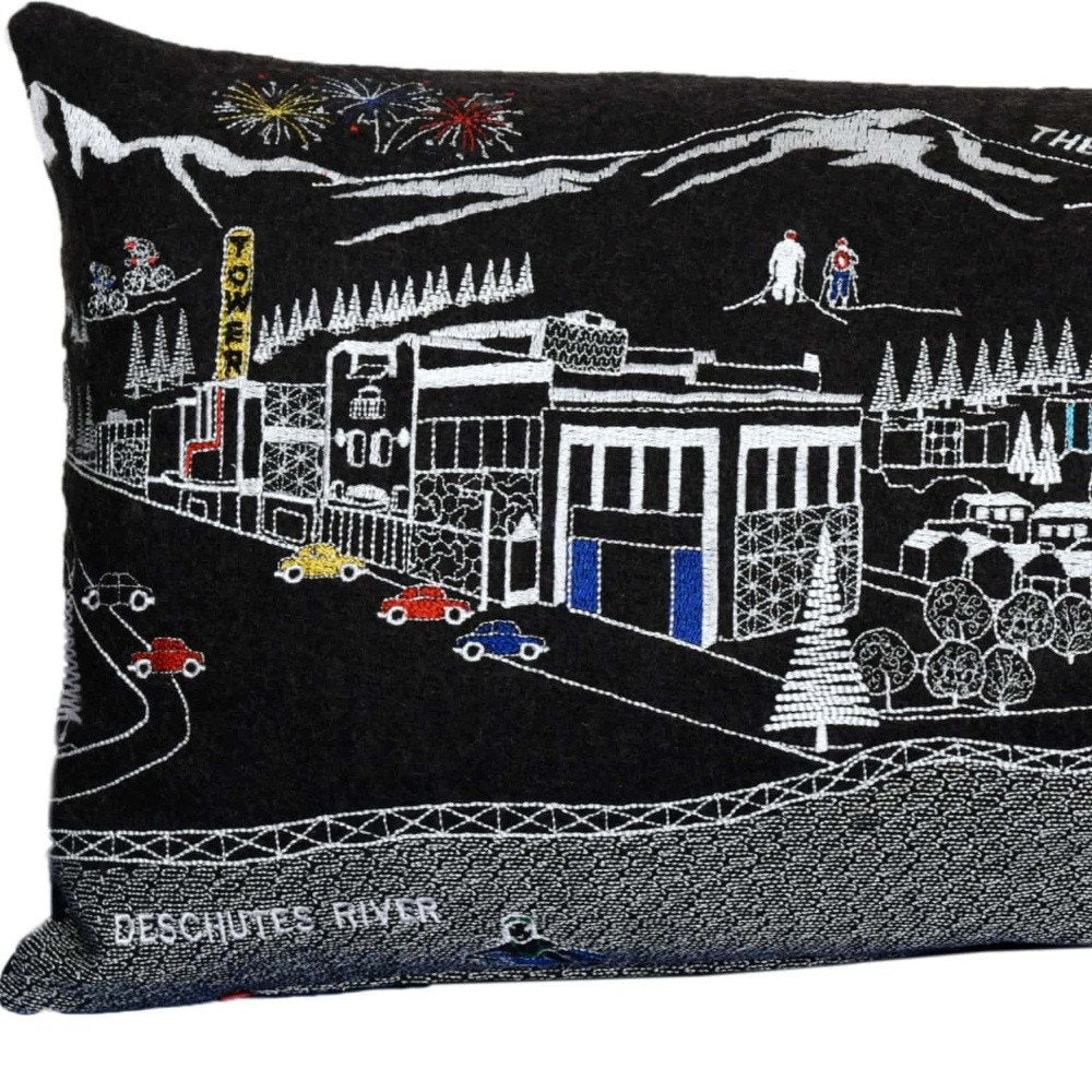 14" X 35" Dark Gray And White Lumbar Bend Hometown Pride Wool Throw Pillow with Embroidery