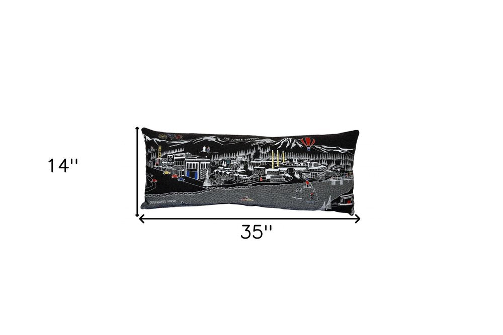 14" X 35" Dark Gray And White Lumbar Bend Hometown Pride Wool Throw Pillow with Embroidery