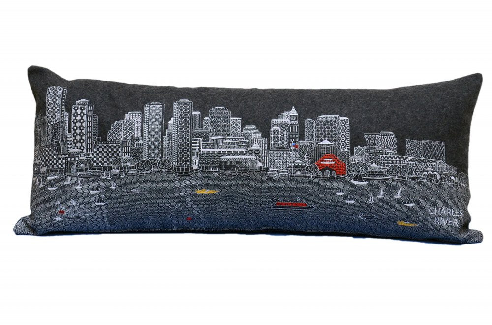 14" X 35" Dark Gray And White Boston Night Skyline Lumbar Decorative Pillow