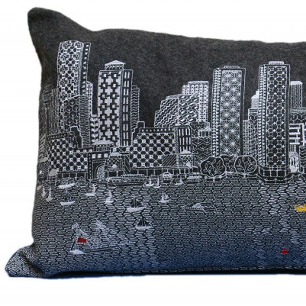 14" X 35" Dark Gray And White Boston Night Skyline Lumbar Decorative Pillow