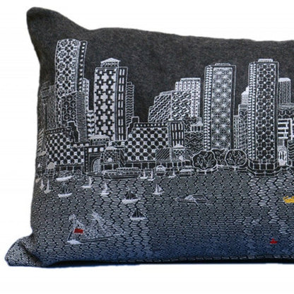 14" X 35" Dark Gray And White Boston Night Skyline Lumbar Decorative Pillow