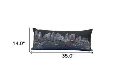 14" X 35" Dark Gray And White Boston Night Skyline Lumbar Decorative Pillow