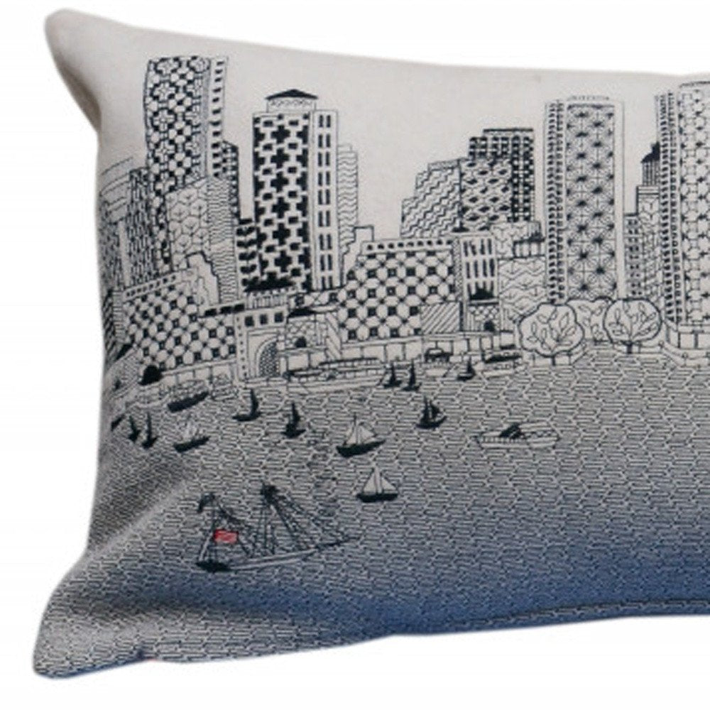 14" X 35" Cream Boston Daylight Skyline Lumbar Decorative Pillow
