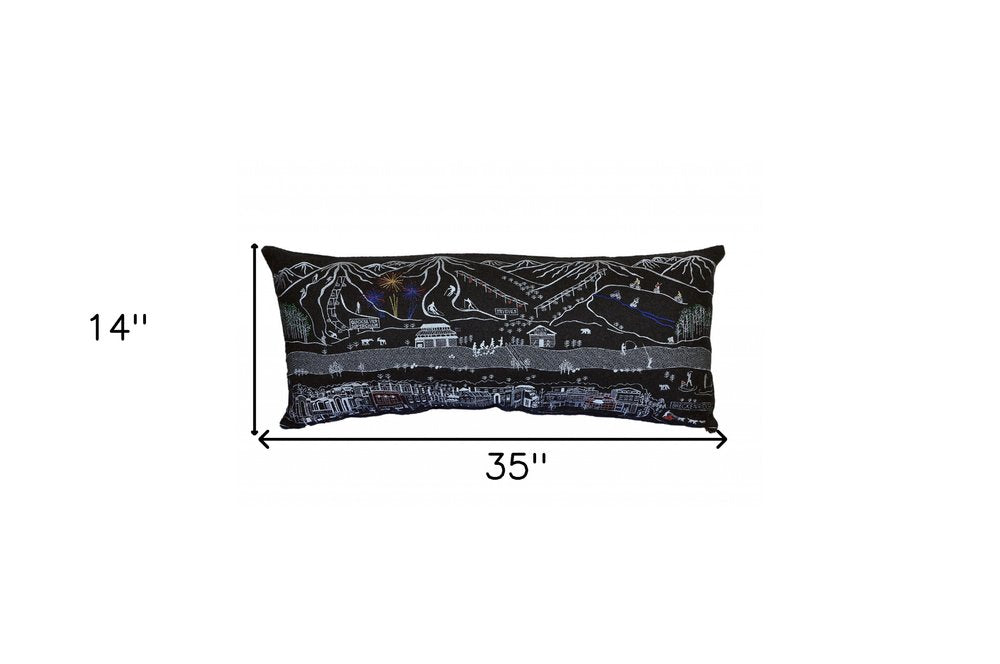 14" X 35" Dark Gray And White Breckenridge Nighttime Skyline Lumbar Decorative Pillow