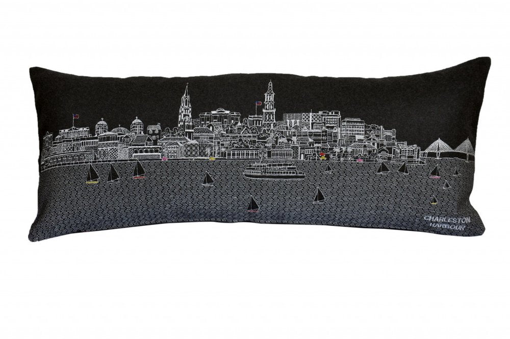 14" X 35" Dark Gray And White Charleston Nighttime Skyline Lumbar Decorative Pillow