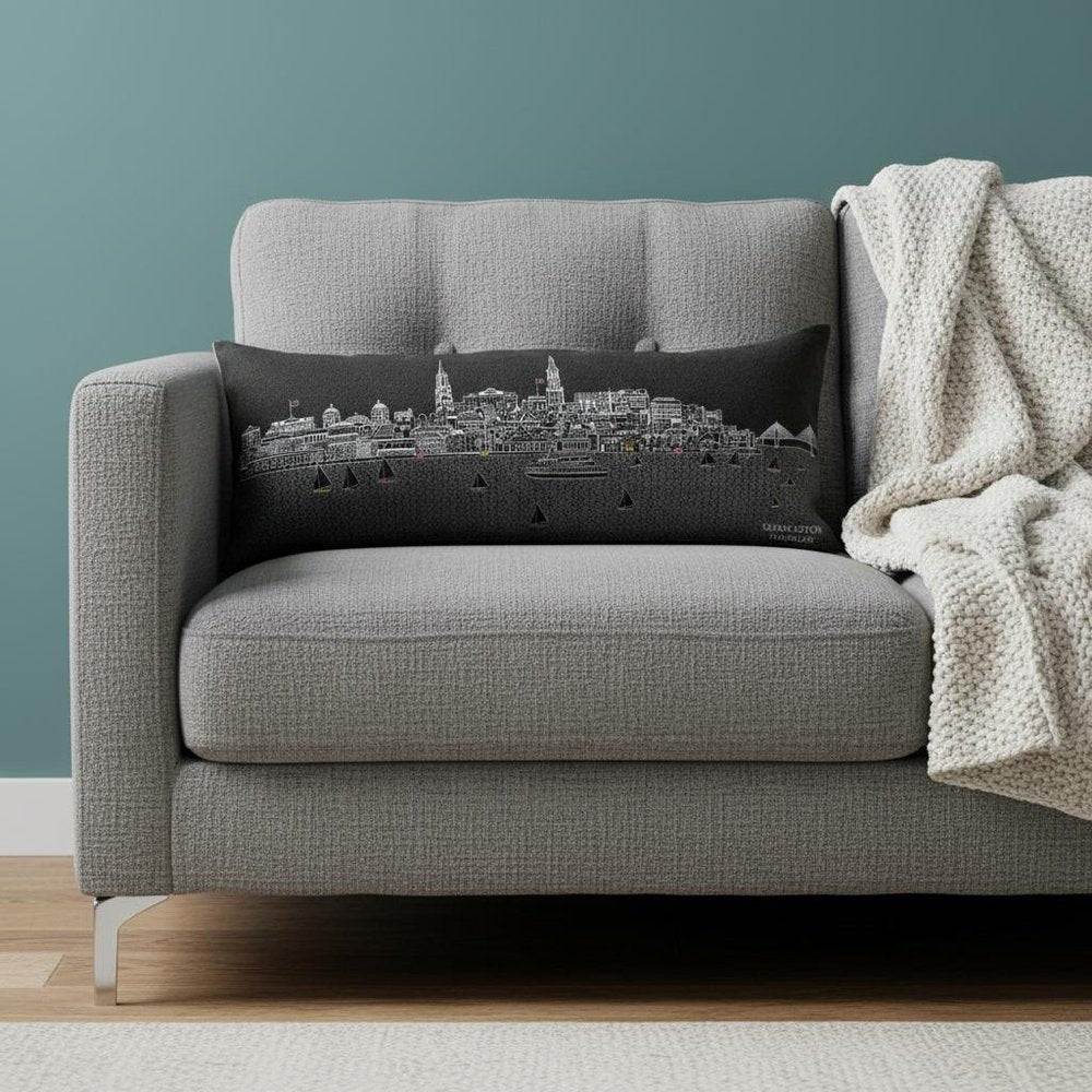 14" X 35" Dark Gray And White Charleston Nighttime Skyline Lumbar Decorative Pillow