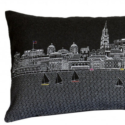 14" X 35" Dark Gray And White Charleston Nighttime Skyline Lumbar Decorative Pillow