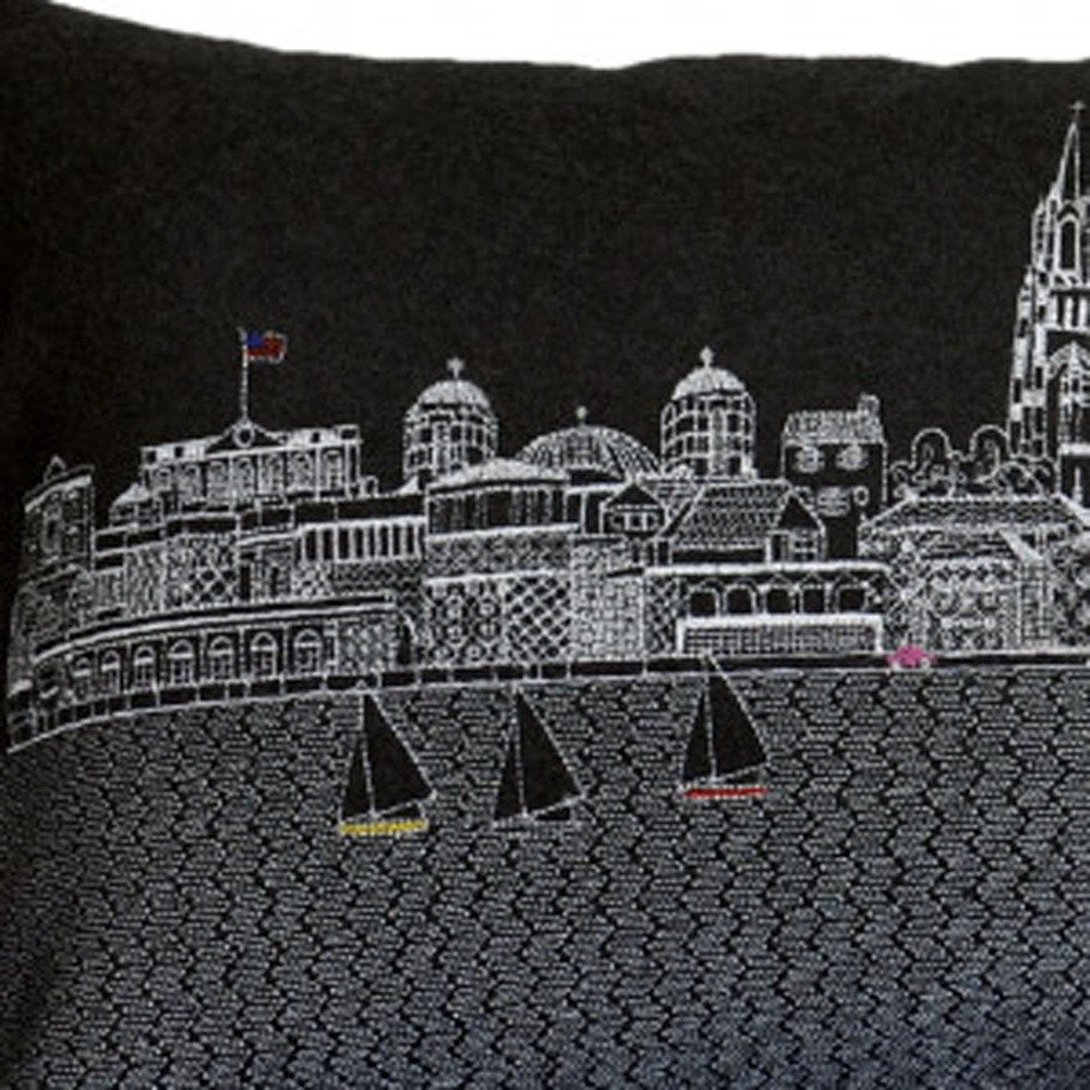 14" X 35" Dark Gray And White Charleston Nighttime Skyline Lumbar Decorative Pillow