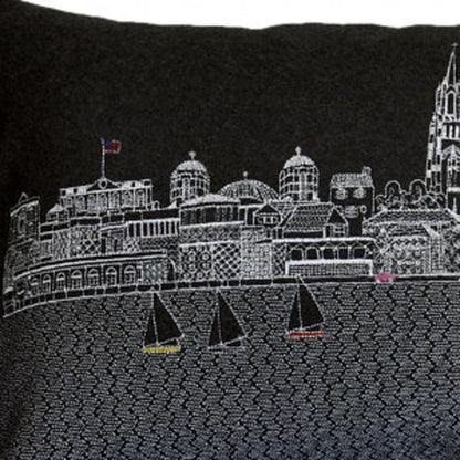 14" X 35" Dark Gray And White Charleston Nighttime Skyline Lumbar Decorative Pillow