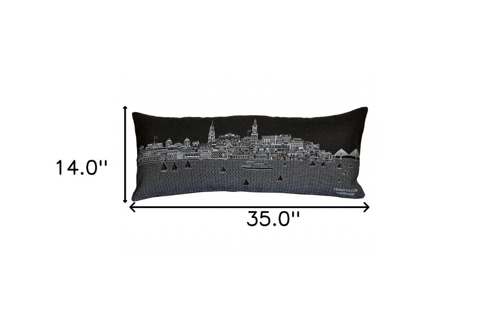 14" X 35" Dark Gray And White Charleston Nighttime Skyline Lumbar Decorative Pillow