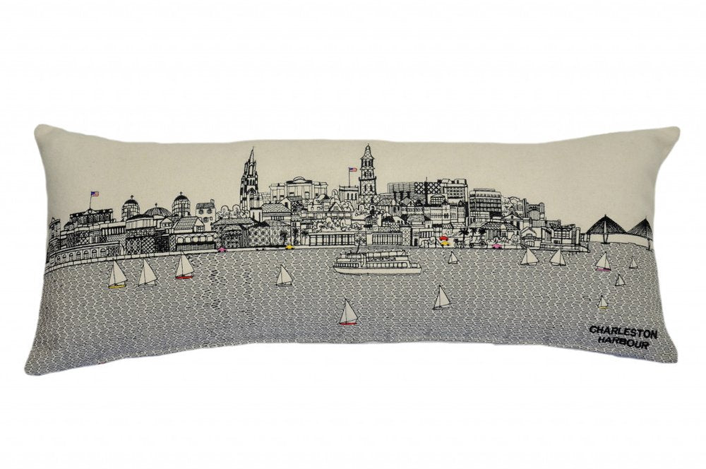 14" X 35" Cream Lumbar Charleston Hometown Pride Wool Throw Pillow with Embroidery