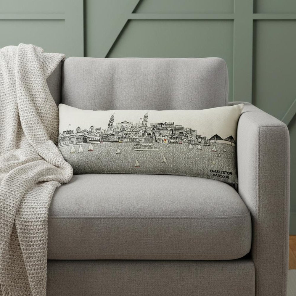 14" X 35" Cream Lumbar Charleston Hometown Pride Wool Throw Pillow with Embroidery