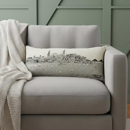 14" X 35" Cream Lumbar Charleston Hometown Pride Wool Throw Pillow with Embroidery