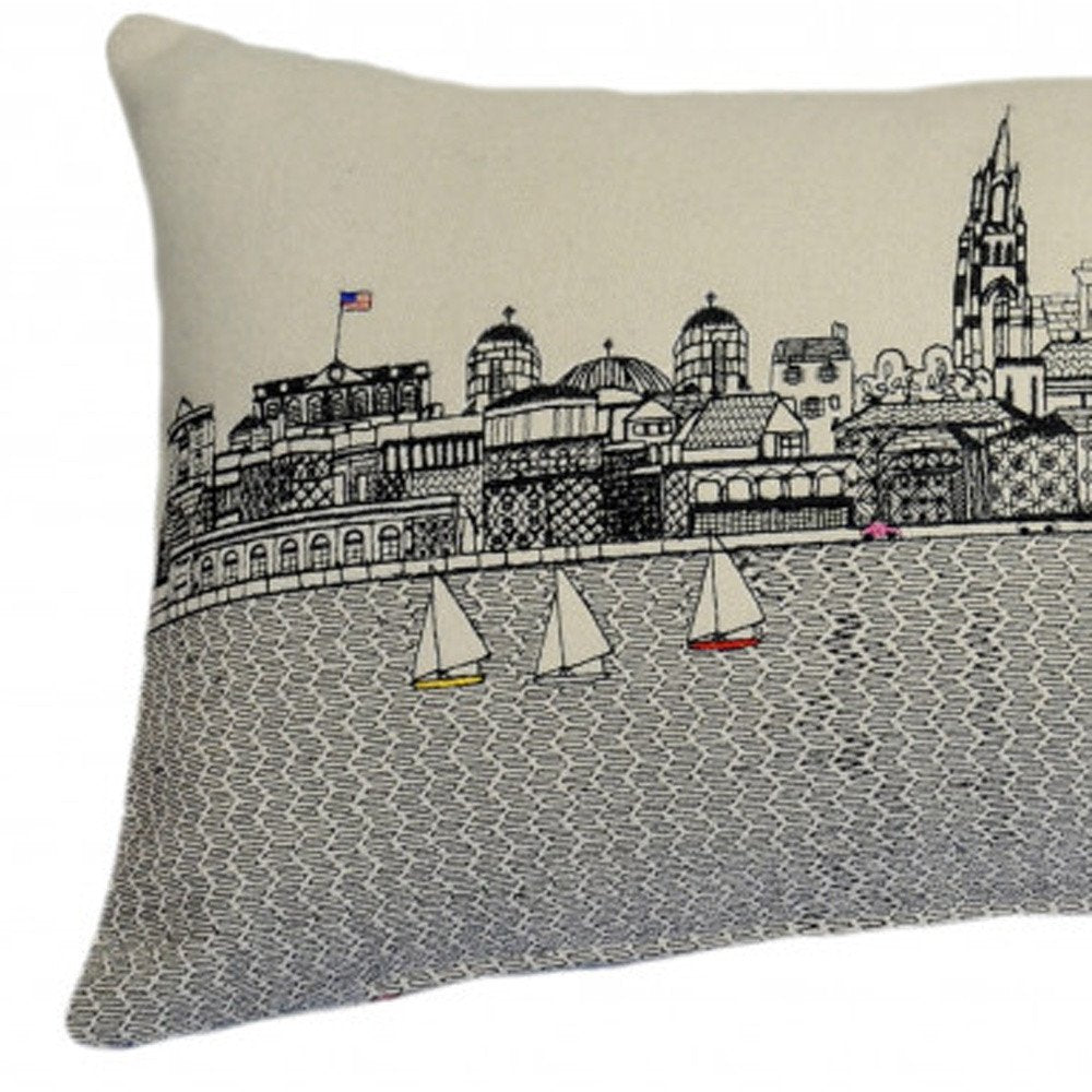 14" X 35" Cream Lumbar Charleston Hometown Pride Wool Throw Pillow with Embroidery