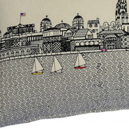 14" X 35" Cream Lumbar Charleston Hometown Pride Wool Throw Pillow with Embroidery