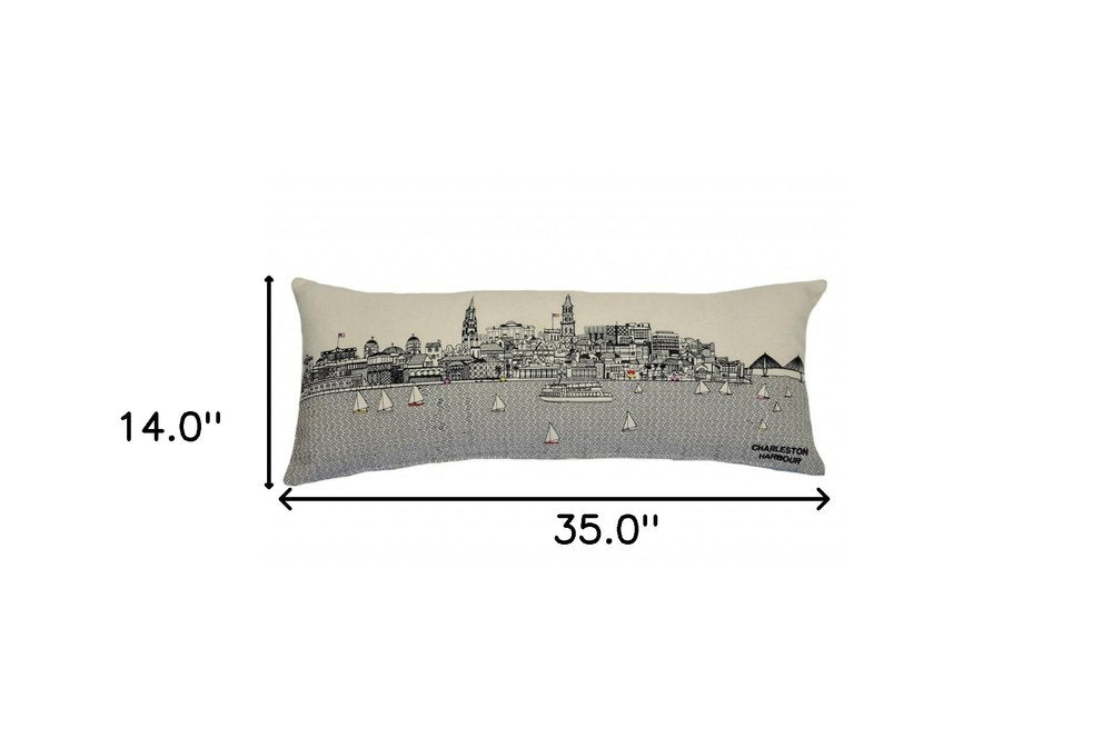 14" X 35" Cream Lumbar Charleston Hometown Pride Wool Throw Pillow with Embroidery