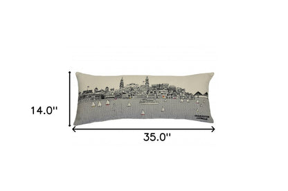 14" X 35" Cream Lumbar Charleston Hometown Pride Wool Throw Pillow with Embroidery