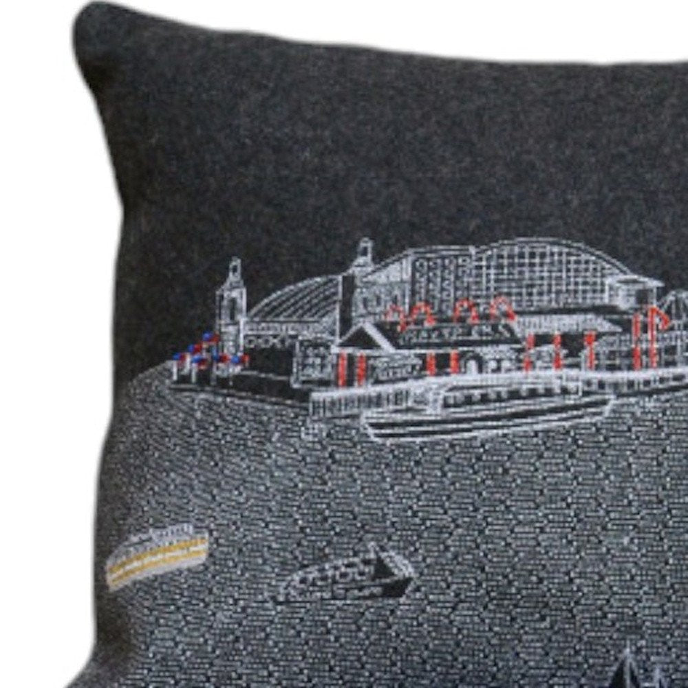 14" X 35" Dark Gray And White Chicago Nighttime Skyline Lumbar Decorative Pillow