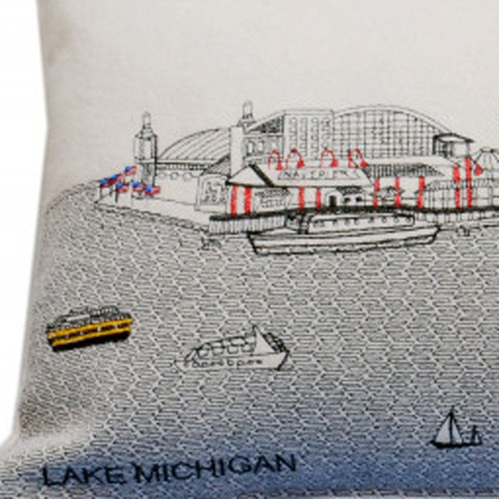 14" X 35" Cream Chicago Daylight Skyline Lumbar Decorative Pillow