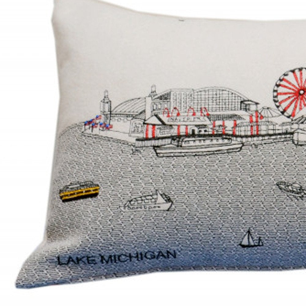 14" X 35" Cream Chicago Daylight Skyline Lumbar Decorative Pillow