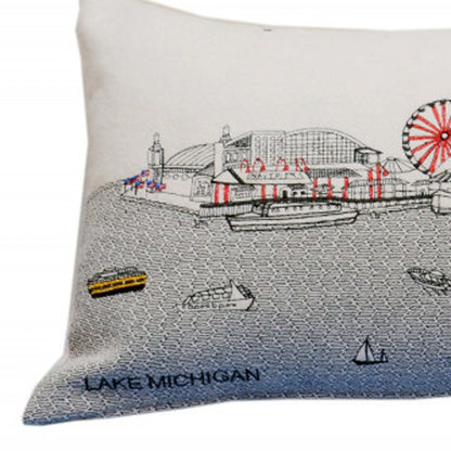 14" X 35" Cream Chicago Daylight Skyline Lumbar Decorative Pillow