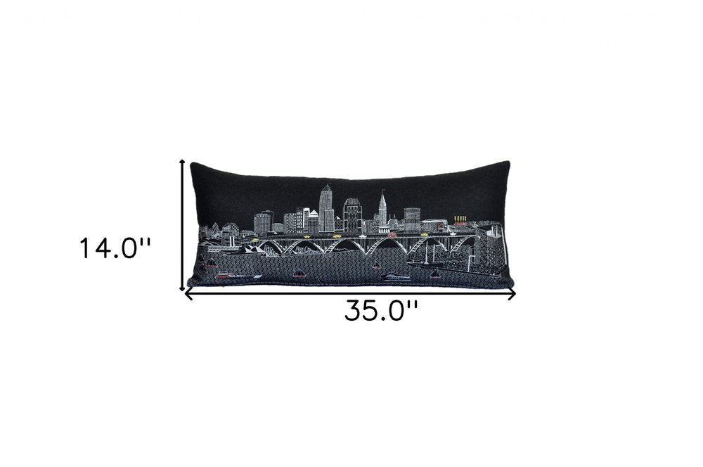 14" X 35" Dark Gray And White Cleveland Nighttime Skyline Lumbar Decorative Pillow