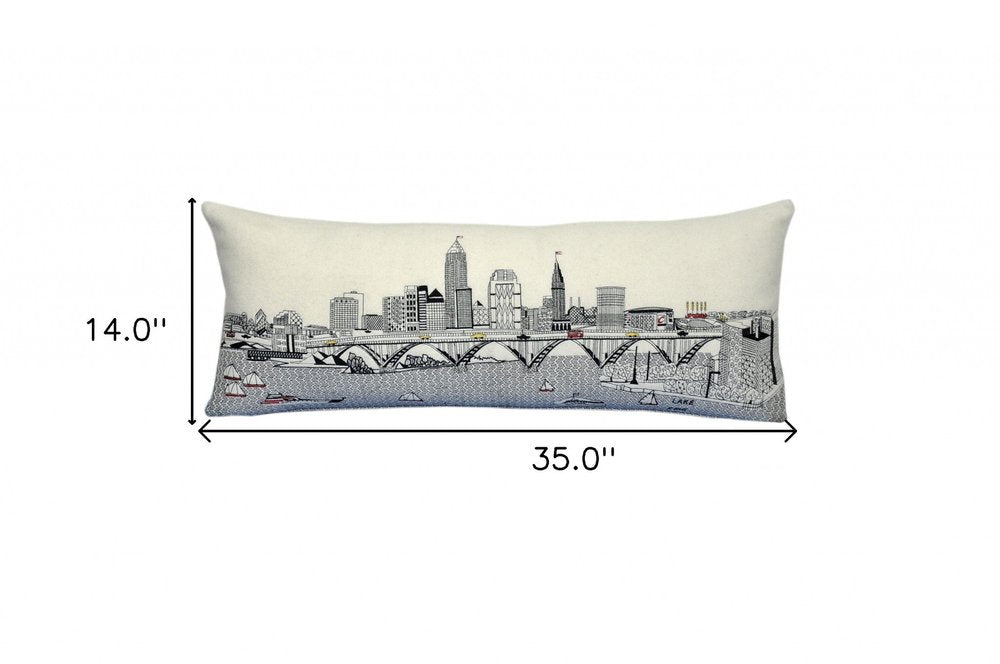 14" X 35" Cream Cleveland Daylight Skyline Lumbar Decorative Pillow