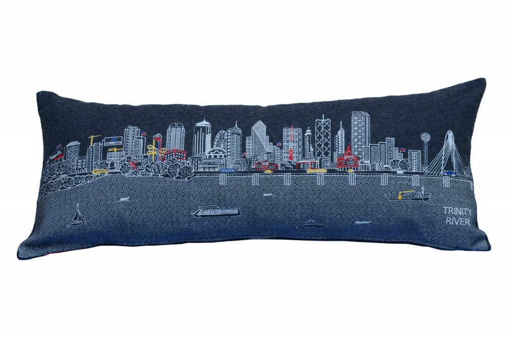 14" X 35" Dark Gray And White Dallas Nighttime Skyline Lumbar Decorative Pillow