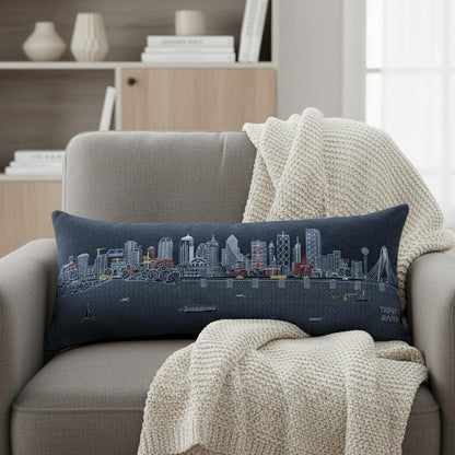 14" X 35" Dark Gray And White Dallas Nighttime Skyline Lumbar Decorative Pillow