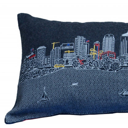 14" X 35" Dark Gray And White Dallas Nighttime Skyline Lumbar Decorative Pillow
