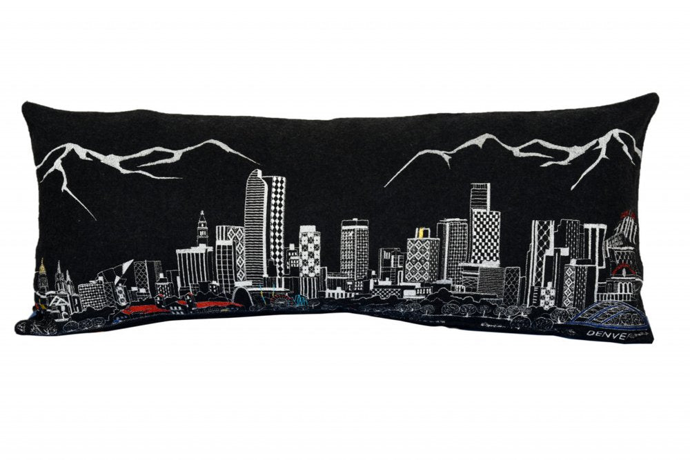 14" X 35" Dark Gray And White Denver Nighttime Skyline Lumbar Decorative Pillow